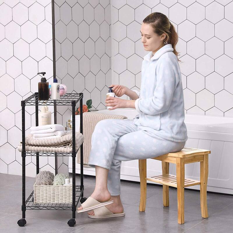 Bamboo Shower Seat Bench Spa Bath Stool Chair w/ Storage Shelf