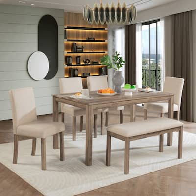 6-Piece Dining Table and Chair Set, Wooden Kitchen Table Set with Rectangular Table, 4 Upholstered Chairs and 1 Bench