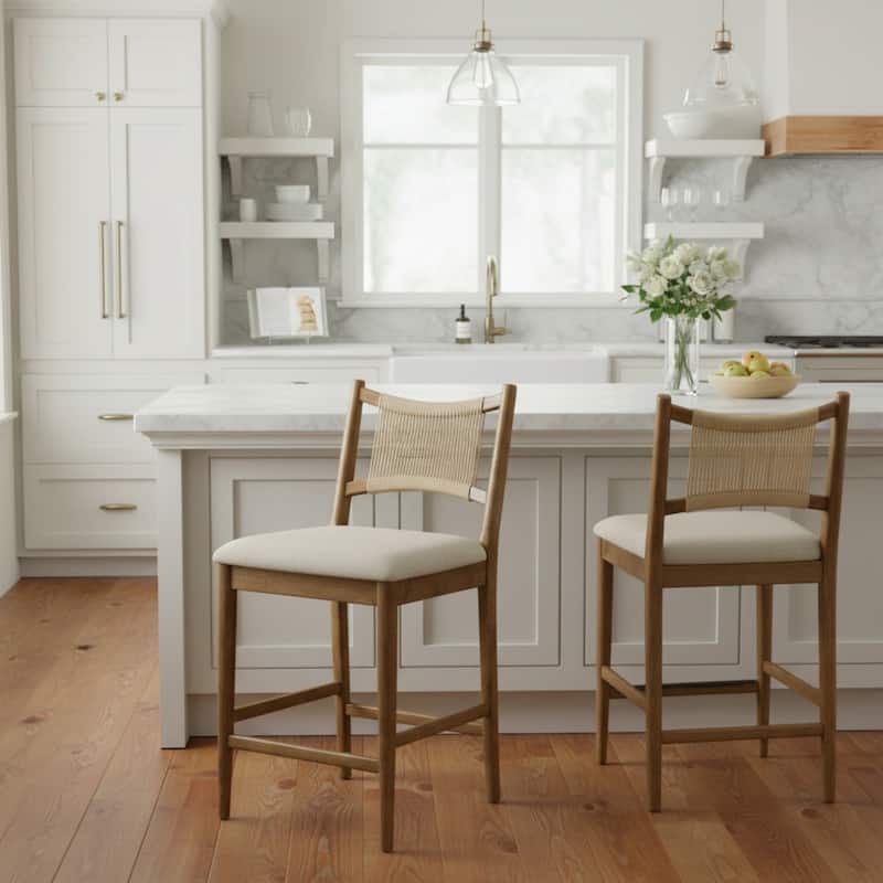 Christopher Knight Home - Arno Mid-Century Modern Upholstered Counter Stool with Rope Back and Solid Wood Frame Set - 21"W - Set of 2 - Walnut Finish+Beige+Beige Rope