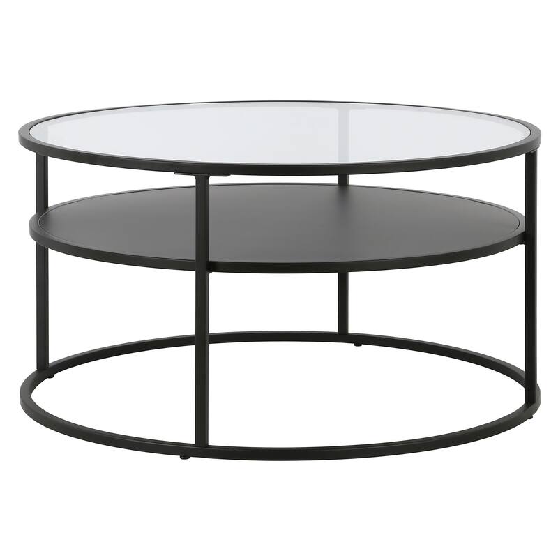 32" Black Glass Round Coffee Table with Steel Base and Storage Shelf - 32” x 32” x 17” - Black