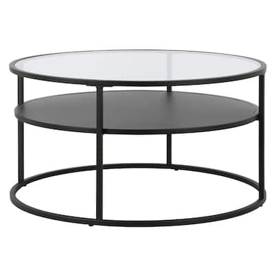 32" Black Glass Round Coffee Table with Steel Base and Storage Shelf - 32” x 32” x 17”