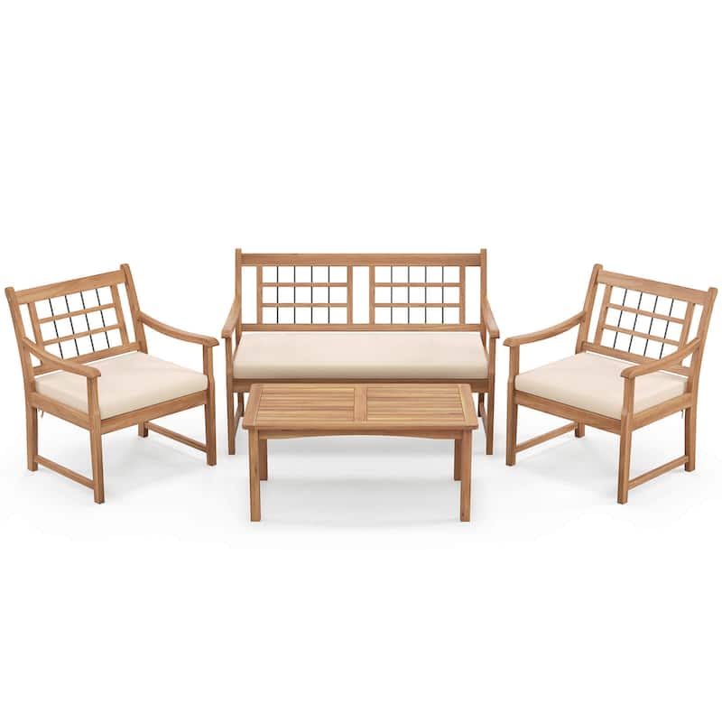 Gymax Set of 4 Wood Furniture Set w/ Seat Cushions & Solid Acacia Wood