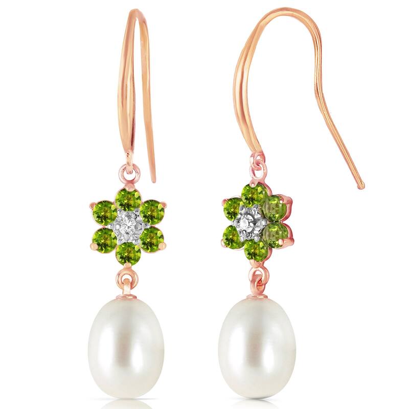 14K Solid Gold Fish Hook Earrings w/ Diamonds, Peridots & Pearls - Rose