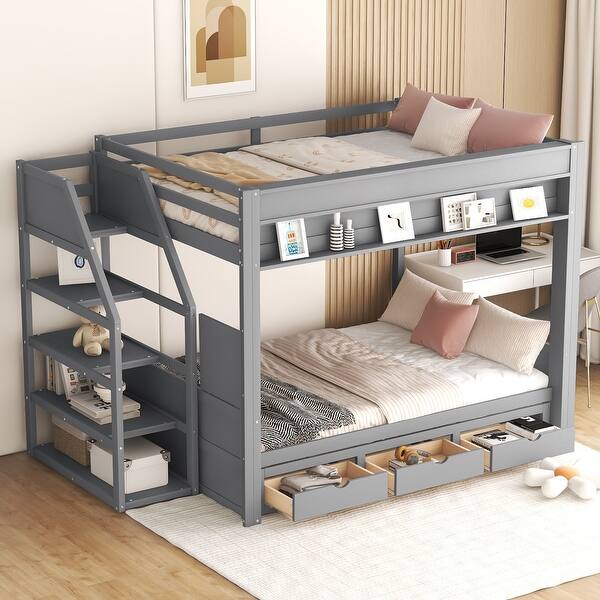 slide 2 of 12, Full over Full Size Convertible Wooden Bunk Bed with Storage Staircase, Bedside Table, and 3 Drawers,Daybed Gray