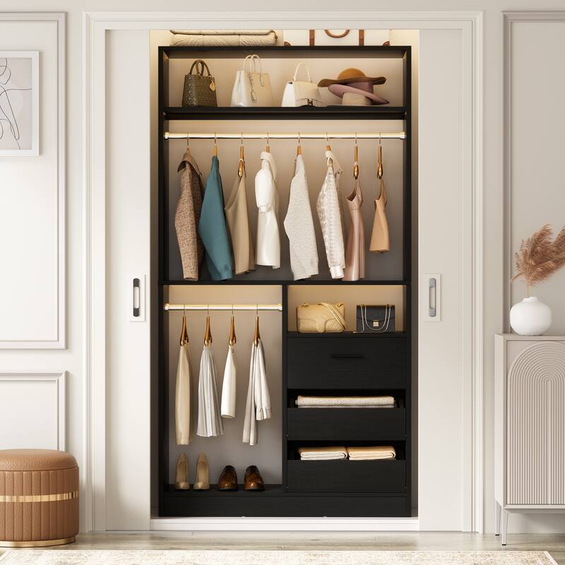 36'' W Freestanding Walk-in Closet Organizer System with 2 Hanging Rods and 3 Wood Drawers - Black