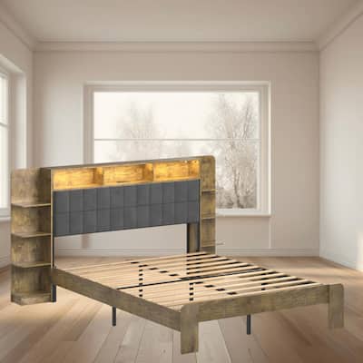Queen Size Platform Bed Frame with LED Lights, Charging Station, and Storage Shelves, No Box Spring Required for Bedroom