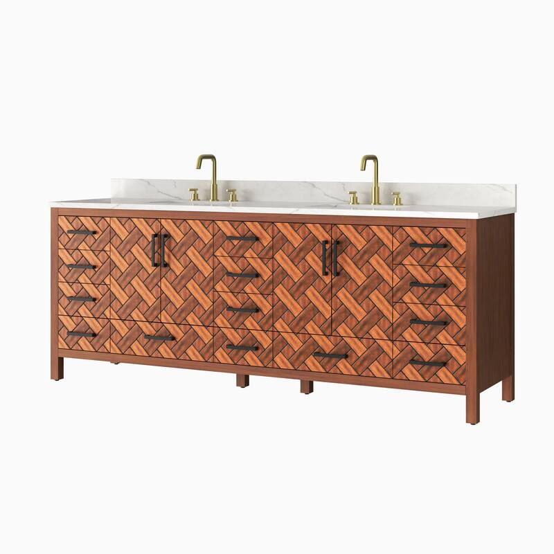 84" Freestanding Bathroom Vanity with Engineered Stone Top, Ceramic Double-Sink, Built-In Power Outlet, and Hair Dryer Storage