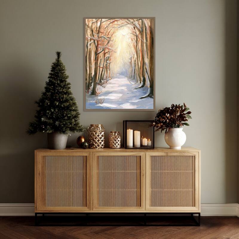 Path in Winter by Sandra Iafrate Framed Canvas Wall Art Print - Sylvie Dark Gold