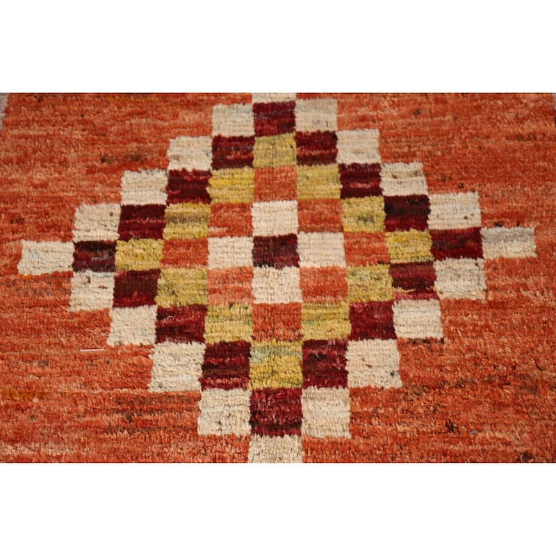 Checkered Orange Moroccan Oriental Rug Handmade Wool Carpet - 6'7" x 9'8"