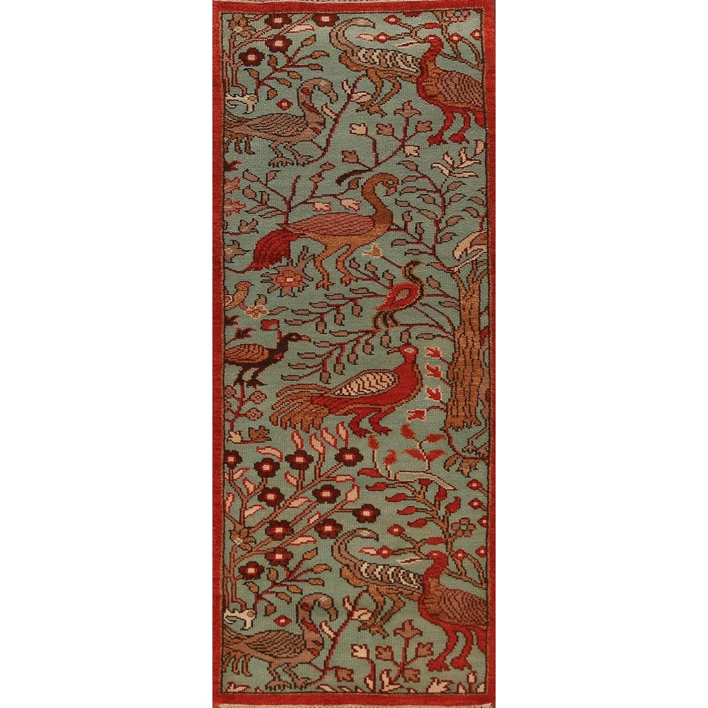 Animals Green Ziegler Indian Runner Rug Handmade Wool Carpet - 2'7"x 7'11"