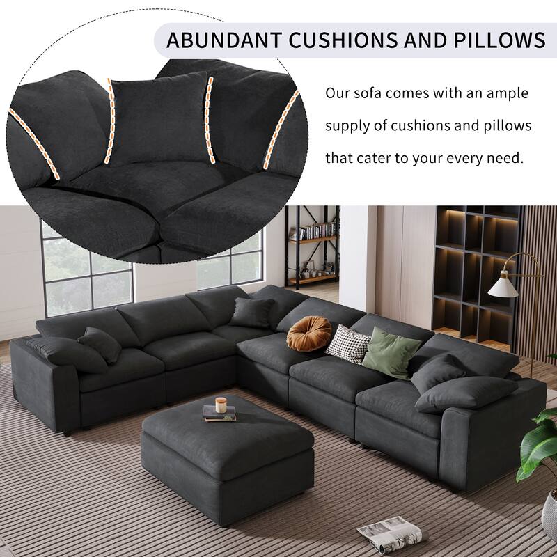 Sectional Sofa with Ottoman, L-Shaped Oversized Modular Sectional Sofa with Thick Seat and Back Cushions, Corner Sectional Sofa