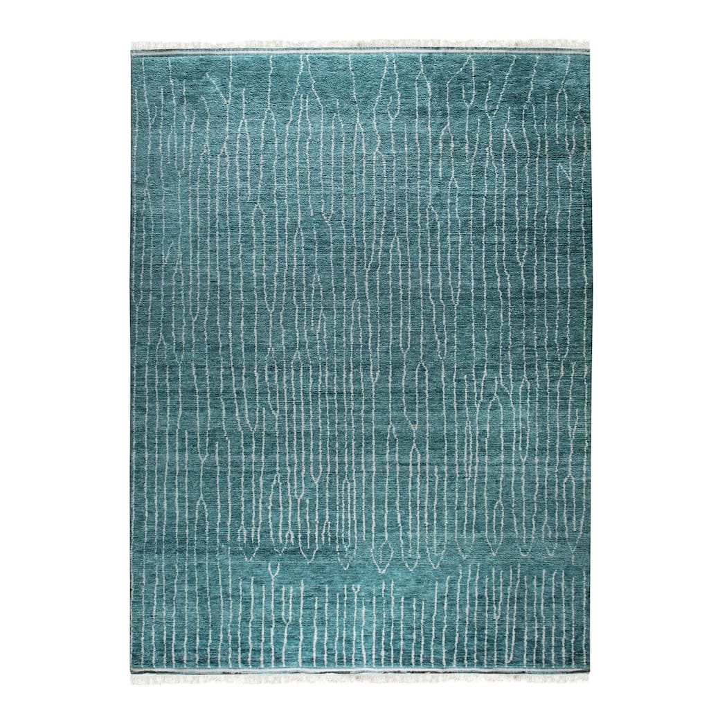 Green Hand-Knotted Wool Moroccan Rug, 9' x 12', soft cozy area rug - L