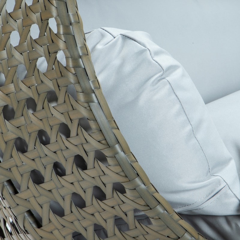 LeisureMod 2-Person Hanging Egg Swing Chair with Metal Stand - Handcrafted Beige Wicker, Patio Hammock Lounger with Cushions