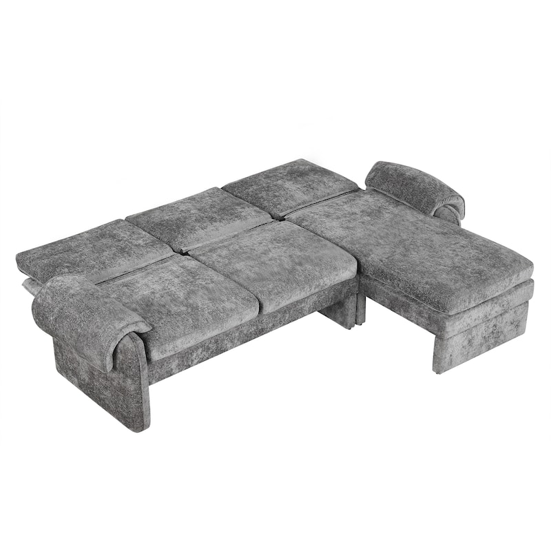 94.1" Convertible Futon Sofa Bed, Adjustable Backrest, Reversible Chaise, Detachable Pillows, Gray Chenille, Living Room