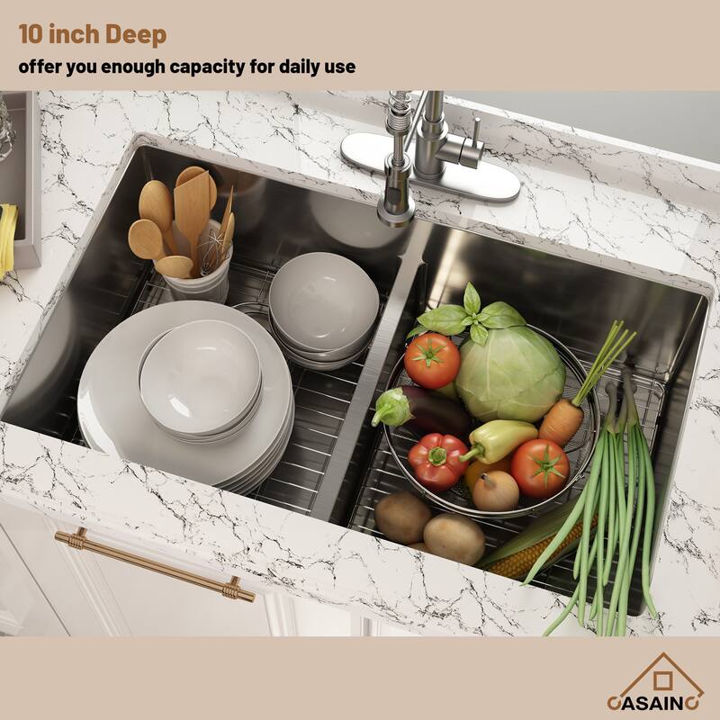 32 in. Undermount Double Bowl 18 Gauge Brushed Stainless Steel Kitchen Sink with Bottom Grid and Basket Strainer