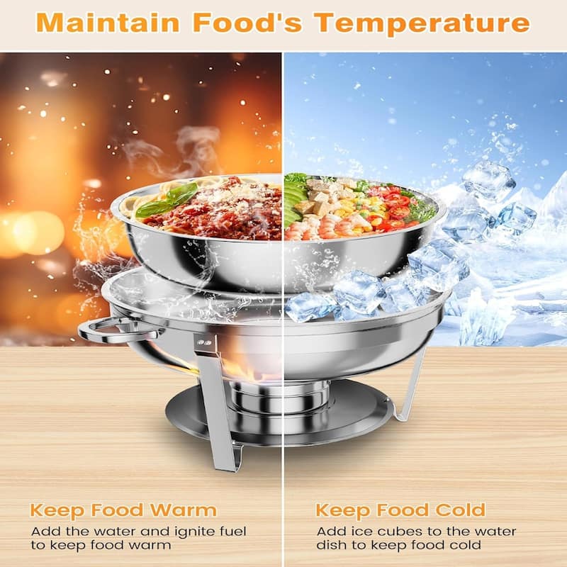 Stainless Steel Fondue and Food Warmer 5QT Round Fondue Buffet Set with Lid Stand Spoon and Tweezers (Silver 4-Pack)