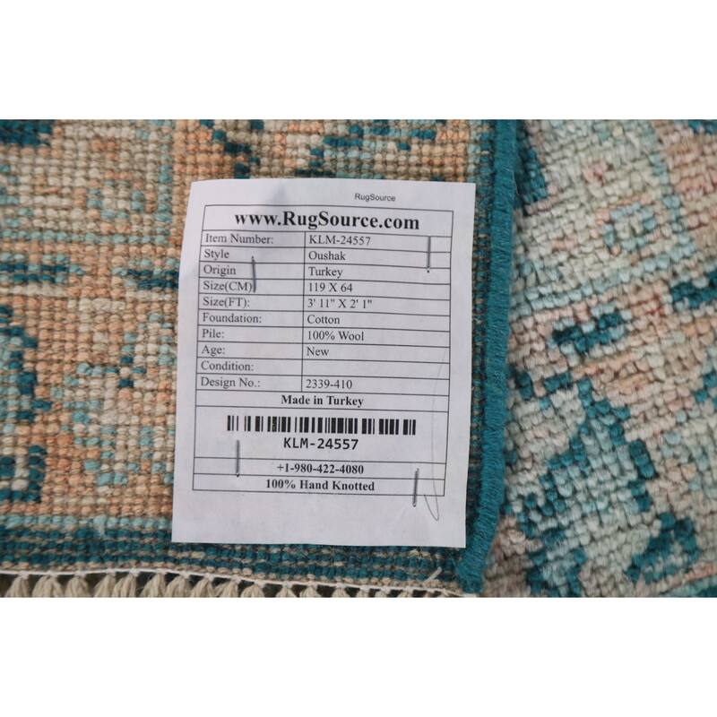 Vegetable Dye Green Oushak Turkish Area Rug Hand-Knotted Wool Carpet - 2'1"x 3'11"