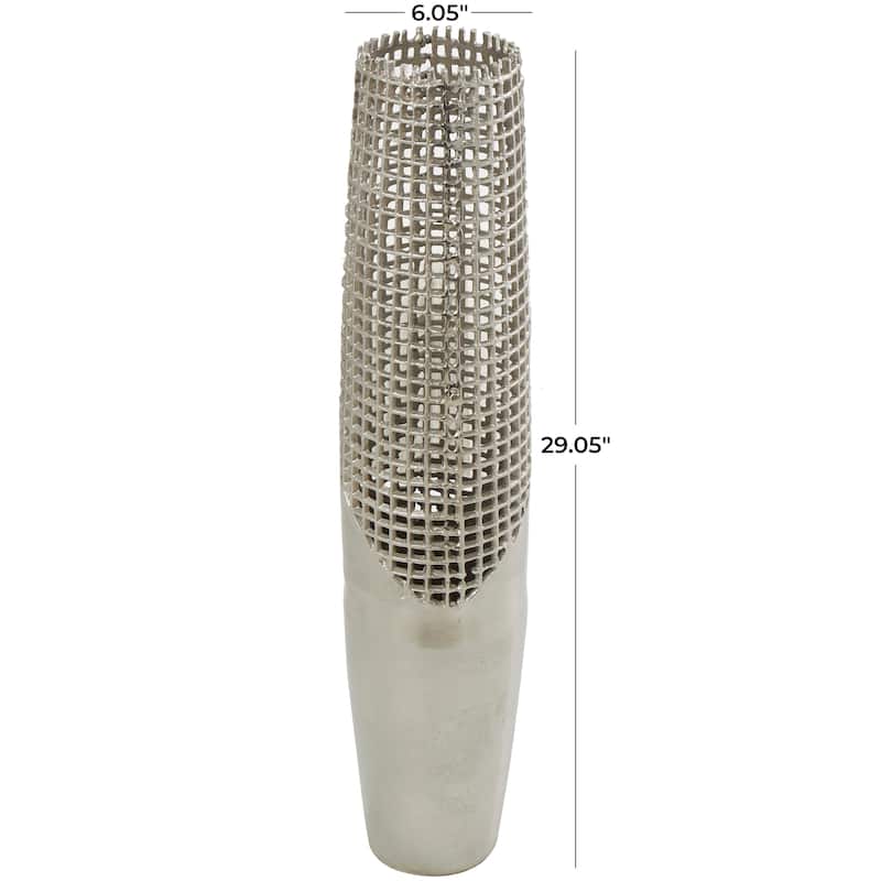 Silver Aluminum Metal Tall Grid Inspired Decorative Vase with Open Frame Design - 6"W, 29"H