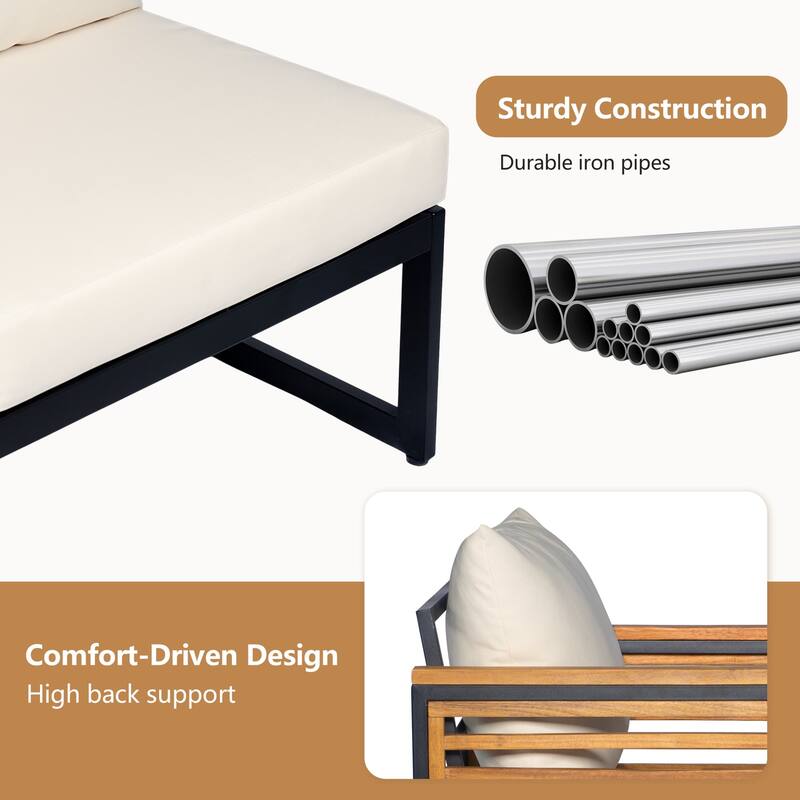 3-Piece Outdoor Wood and Iron 3-Seater Sofa Set with Ottoman and Table