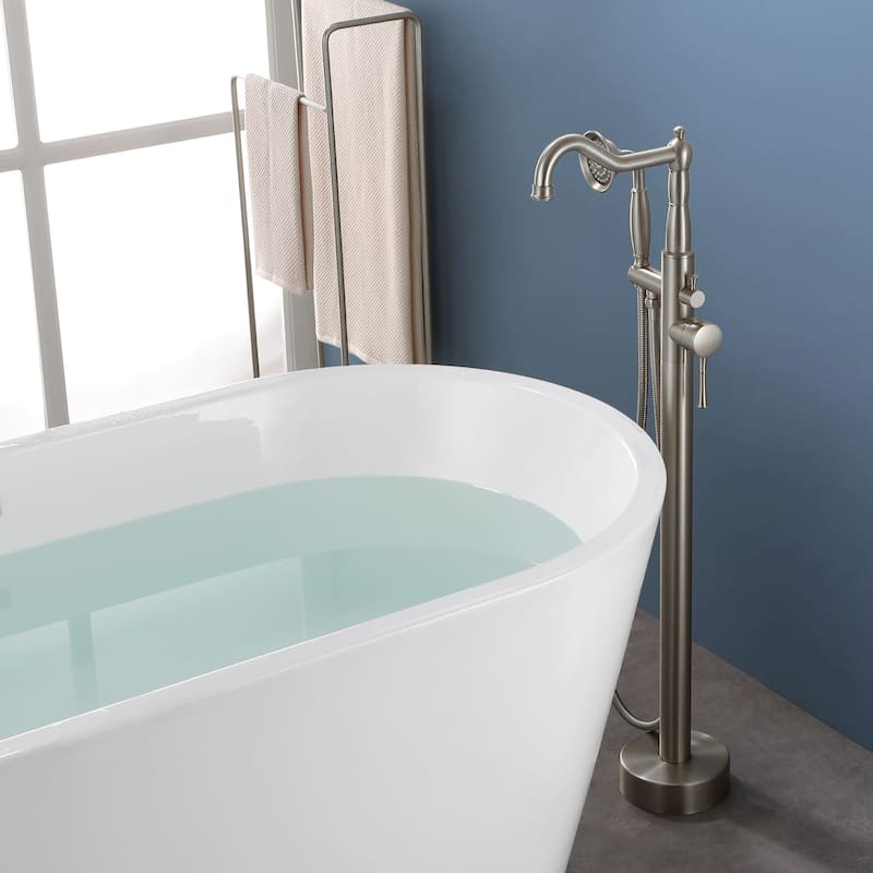 Freestanding Bathtub Faucet High Flow Rate Single Handle Floor Mounted Tub Faucets with Hand Sprayer Swivel Spout Tub Fillers - Brushed Nickel