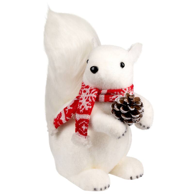 Sitting Squirrel with Snowflake Scarf Christmas Figure - 10.5" - White and Red