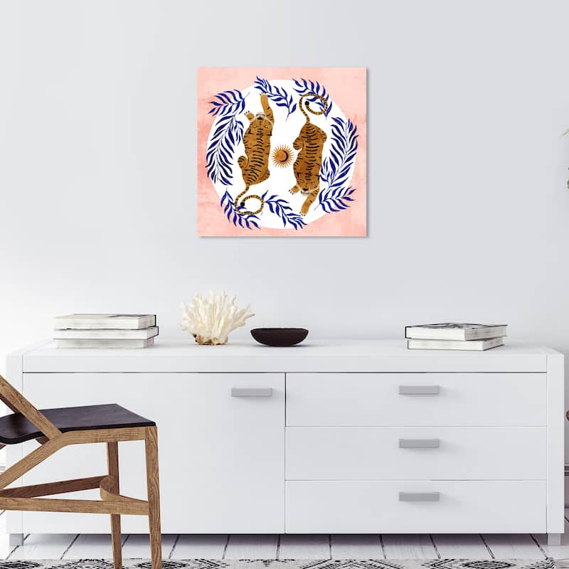 Wynwood Studio Canvas Animals Seeing Double Tigers Pink and Light Pink Bohemian & Eclectic Wall Art Canvas Print - 20 x 20