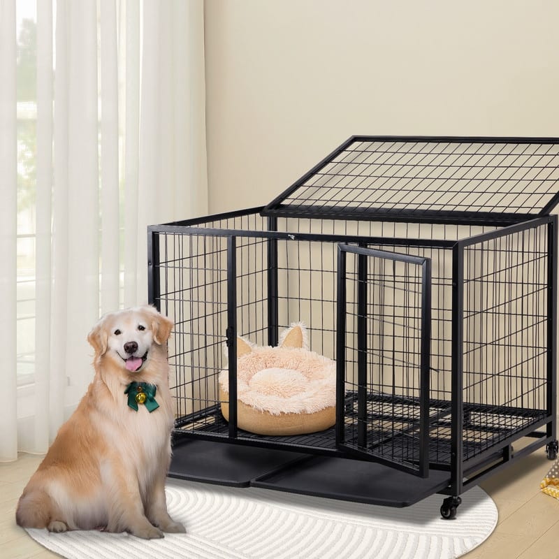 Heavy Duty Pet Playpen for Training Indoor Outdoor with Plastic Tray, Double Doors & Secure Lock
