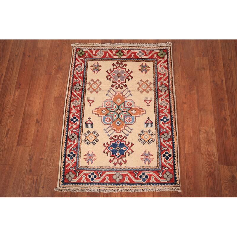 Ivory Geometric Kazak Oriental Foyer Rug Hand-Knotted Wool Carpet - 2'0" x 3'0"
