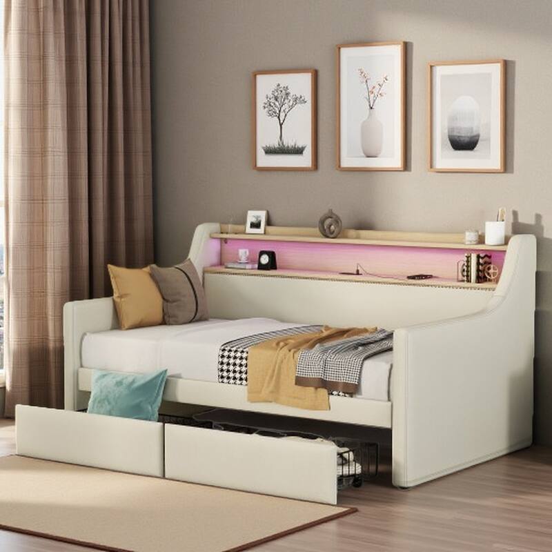 Twin Size PU Leather Upholstered Daybed with Storage Drawers, Charging Station, LED RGB Lights & Headboard Storage - Beige