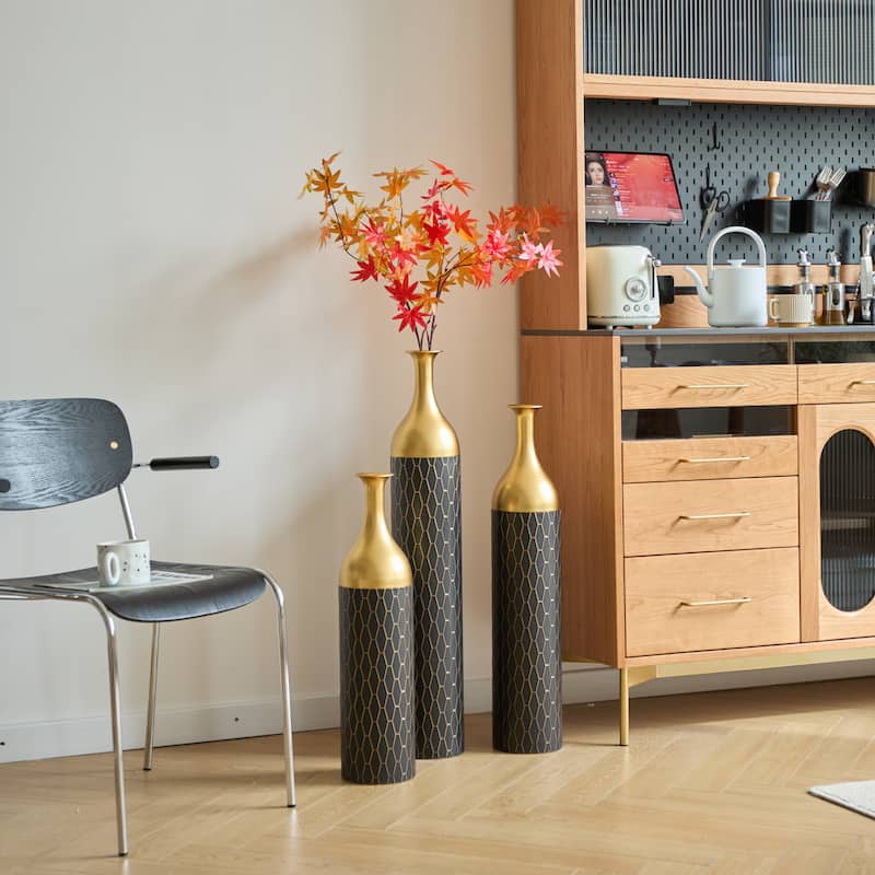 Set of 3 Black and Gold Metal Vase Floor Vases Ideal (25"/30"/34" H)