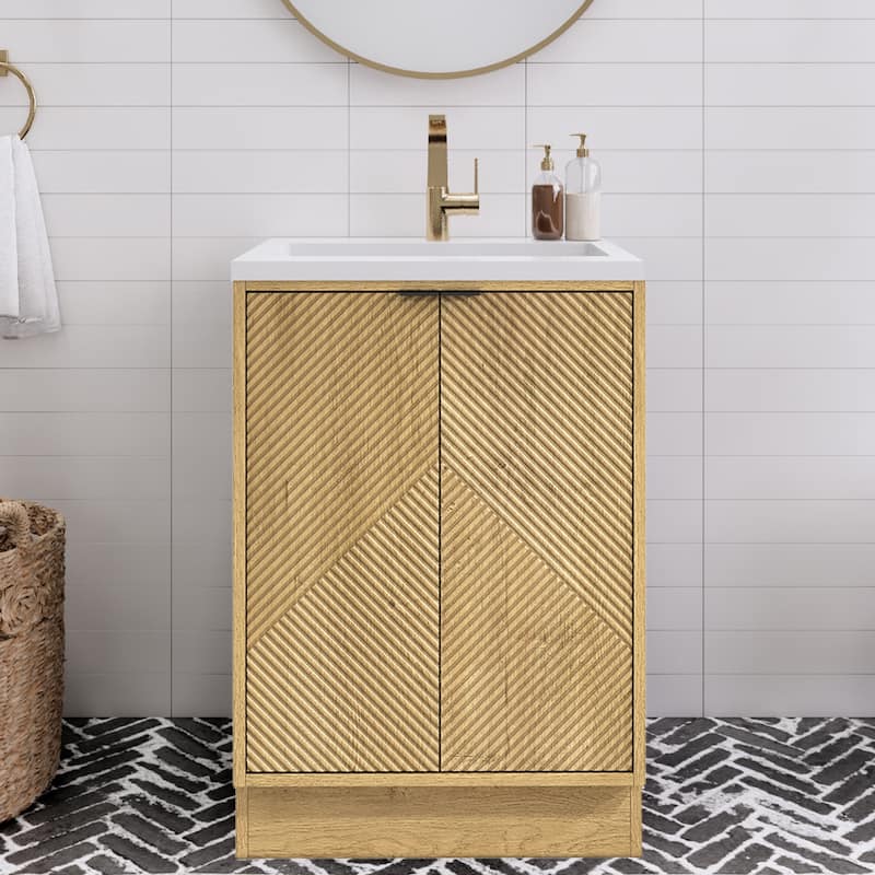 Milano 24" Freestanding Bathroom Vanity with White Acrylic Sink - 23.62" x 19.49" x 35.46'' - Oak