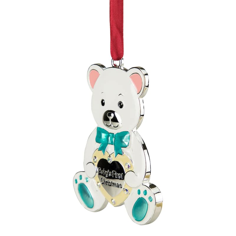 3" Pastel Silver Plated Bear Baby's First Ornament European Crystals