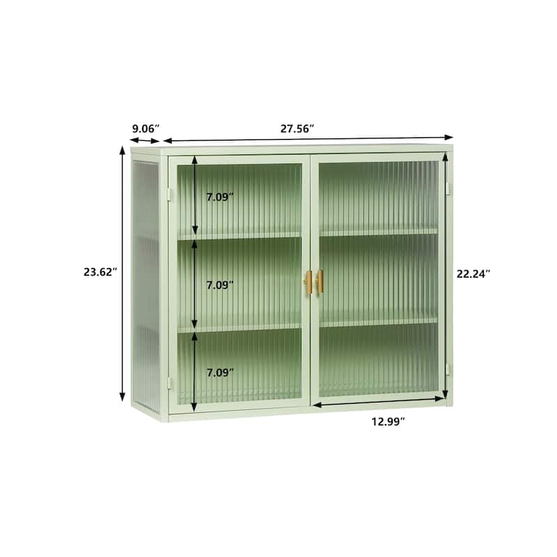 27.56"Glass Doors Modern Two-door Wall Cabinet with Featuring Three-tier Storage ,Mint Green
