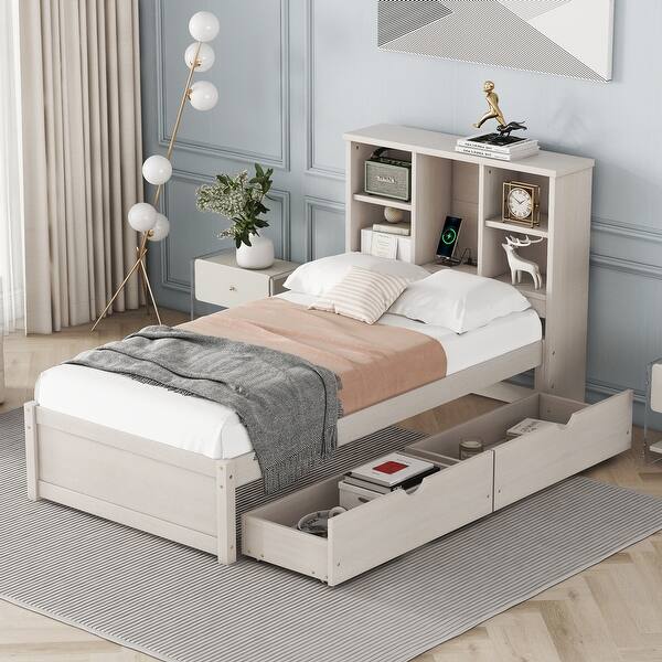 slide 2 of 15, Modern Twin Size Bed Frame with Built-in USB Port, Bookcase Headboard & 2 Sliding Storage Drawers for Bedroom, White Washed White Washed