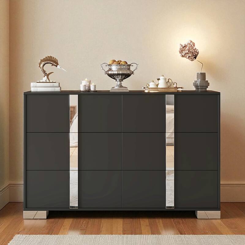 Modern 6 Drawer Dresser with Mirrored Handles and Metal Legs, MDF Storage Cabinet for Bedroom Organization
