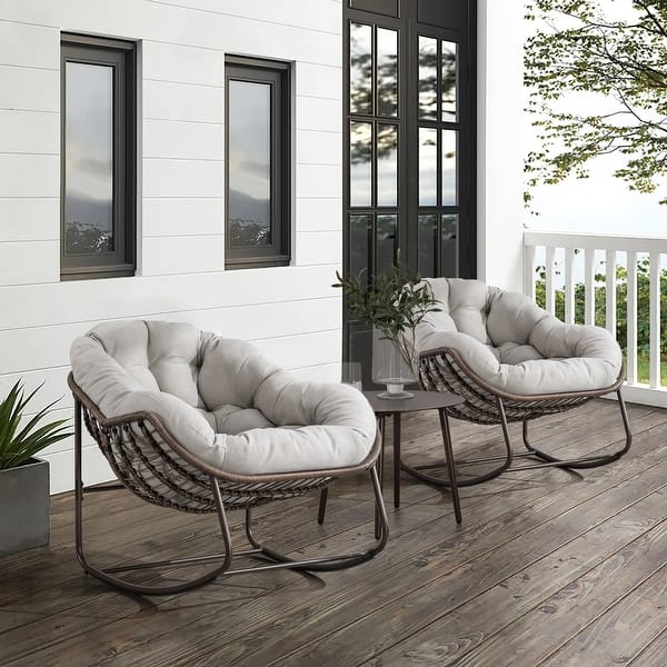 Outdoor Rattan Rocker Recliner Chair With Polyester Padded Cushion （set ...