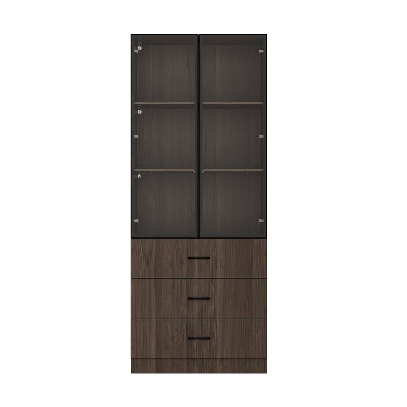 Bookshelves Bookcase Modular Glass Display Cabinet with LED Lights, Dark Wood Storage Combination Cabinet System