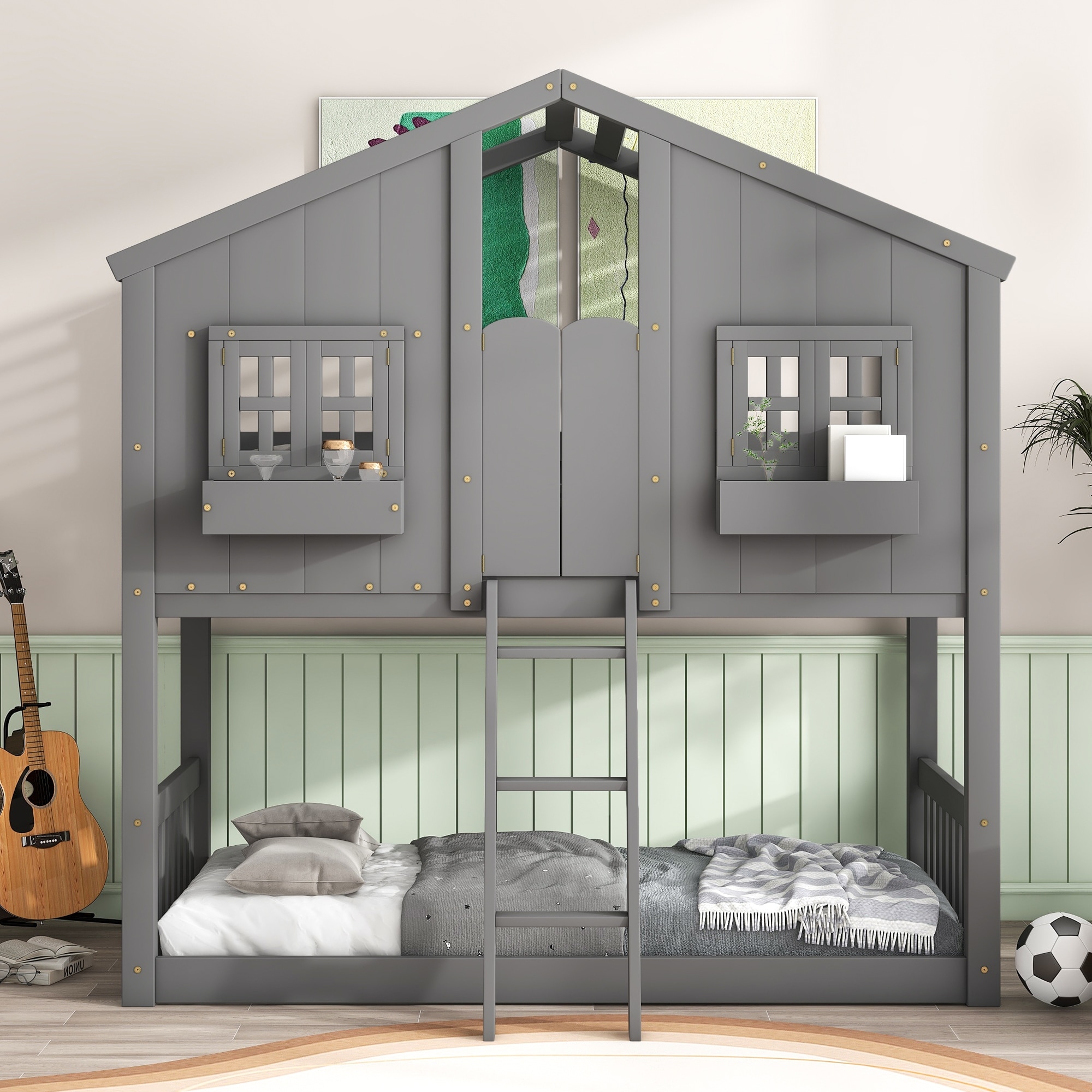 Twin Over Twin House Bunk Bed with Roof, Window Box, and Guardrails