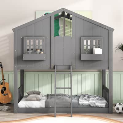 Twin Over Twin House Bunk Bed with Roof, Windows, and Ladder, Grey