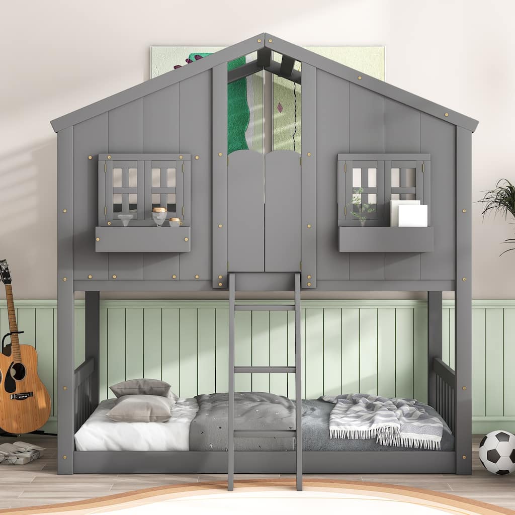 Twin Size Playhouse Bunk Bed with Roof,Window,Door and Guardrails