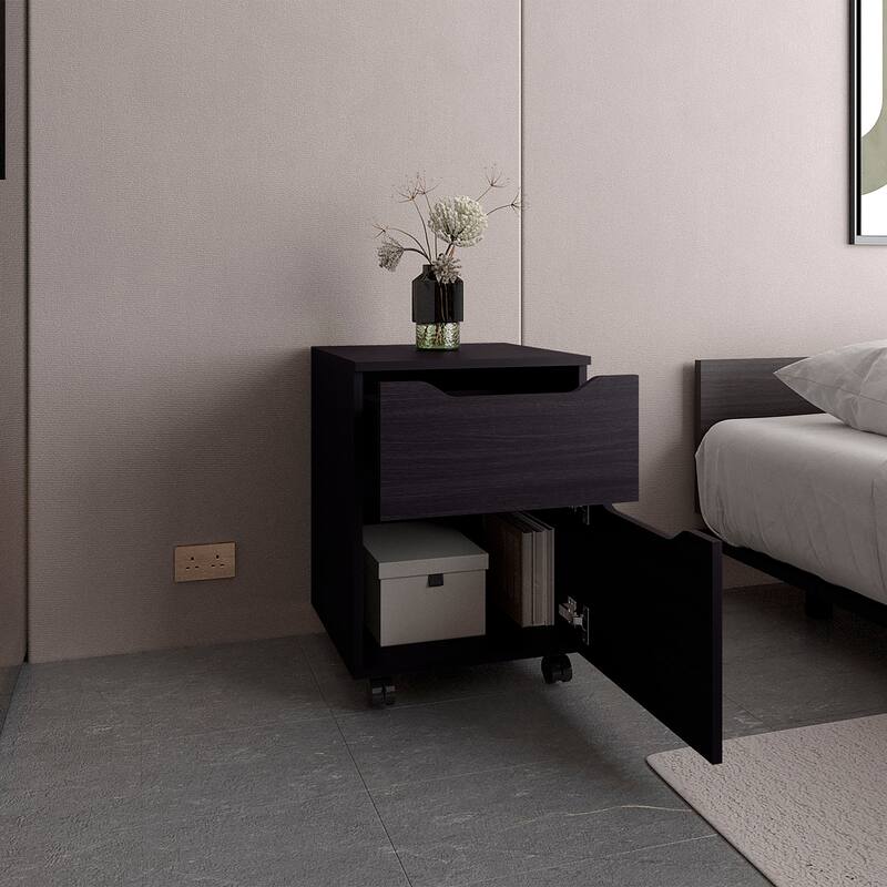 Compact Open Shelves Nightstand with One Door, Black Finish for Bedroom Storage