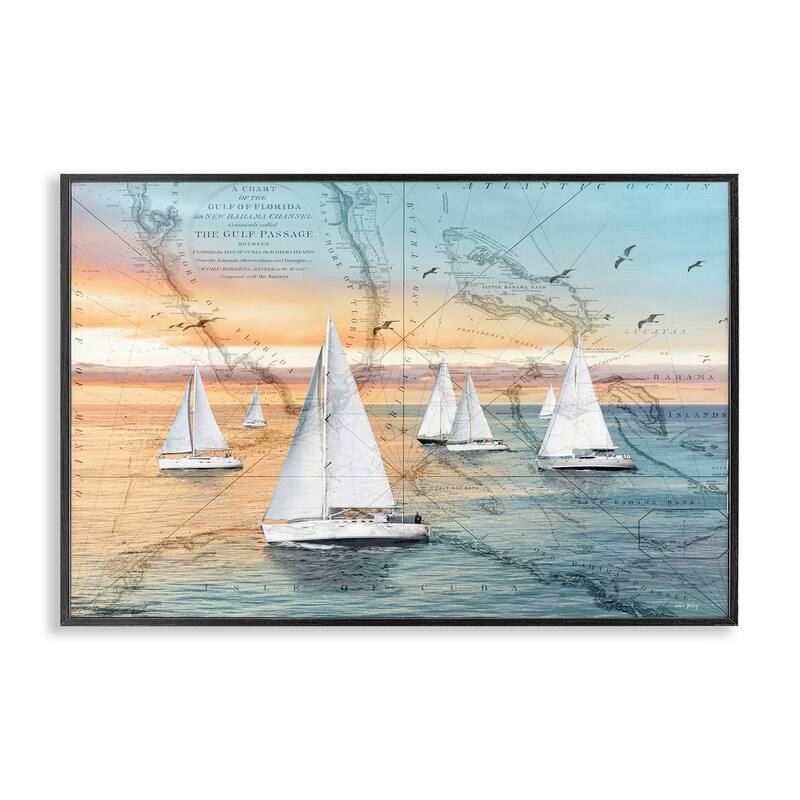 Stupell Nautical Ships & Vintage Map Framed Giclee Art Design By Amber Sterling - 30 x 20 - Black