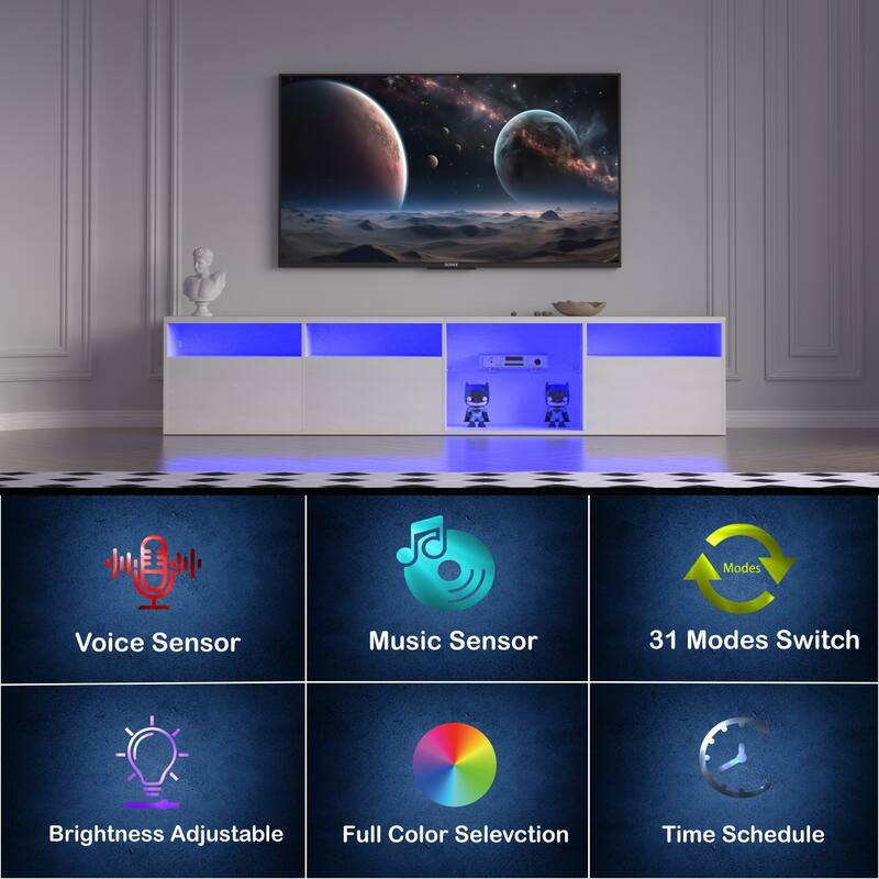 Modern 82.6" LED TV Console with Storage, RGB Lights, 31 Modes, and Remote Control for 75/80" TVs