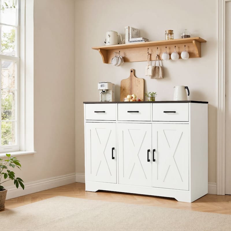 Barn Door Buffets Storage Cabinet Sideboards with 3 Drawers