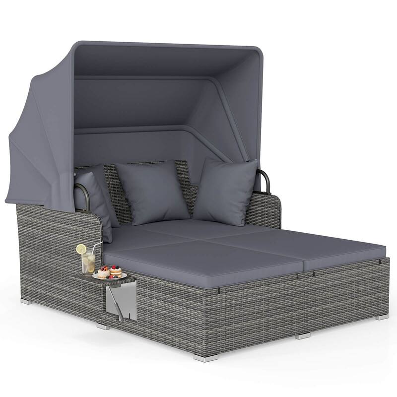 Costway Patio Rattan Daybed Lounge Retractable Top Canopy Side Tables - See Details