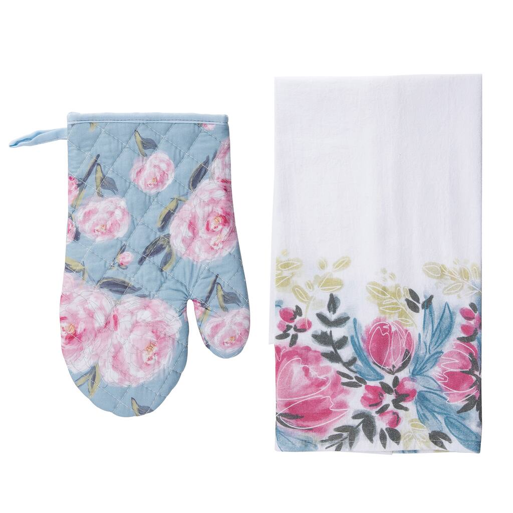 Transpac Cotton 10" Pink Peonies Mitt and Tea Towel Set of 2