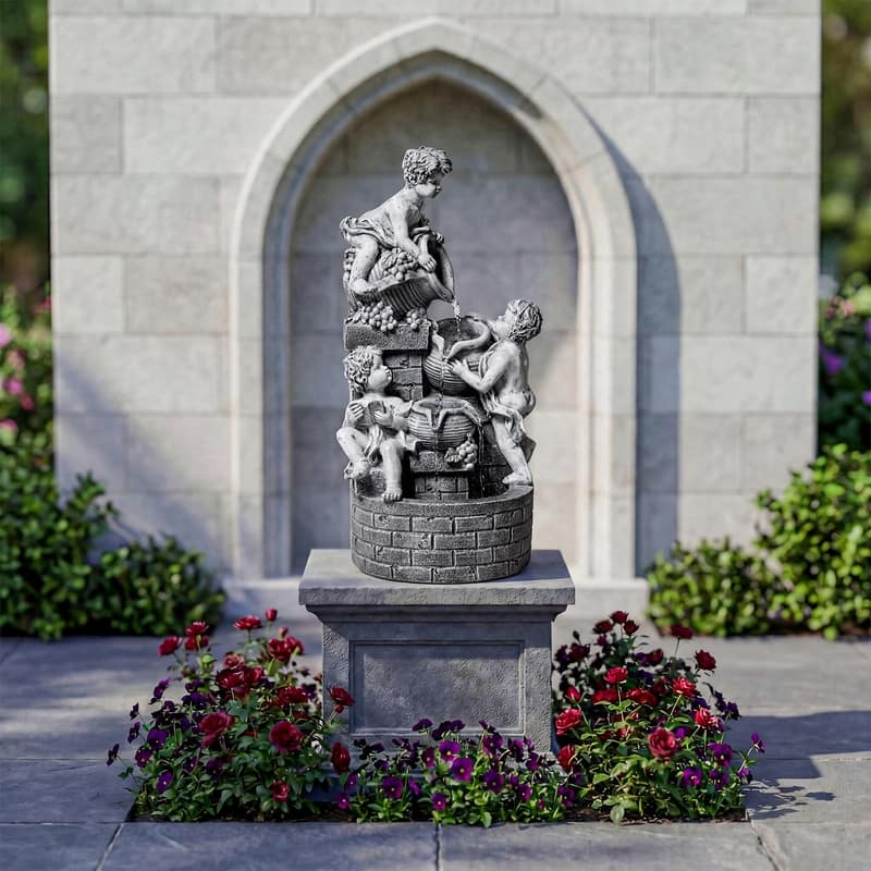 3 Tier Angel Sculpture Outdoor Water Fountain with Grape Decor 20.87in Height and Lights