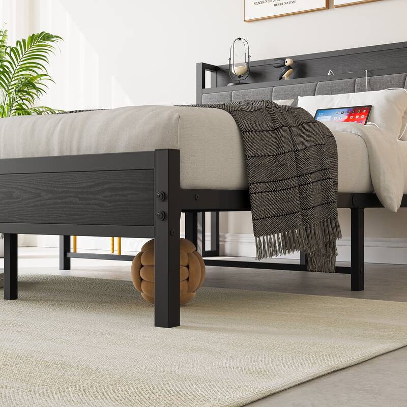 Metal Full Size Bed Frame with Storage Headboard & Charging Station, Easy Assembly, No Box Spring Required