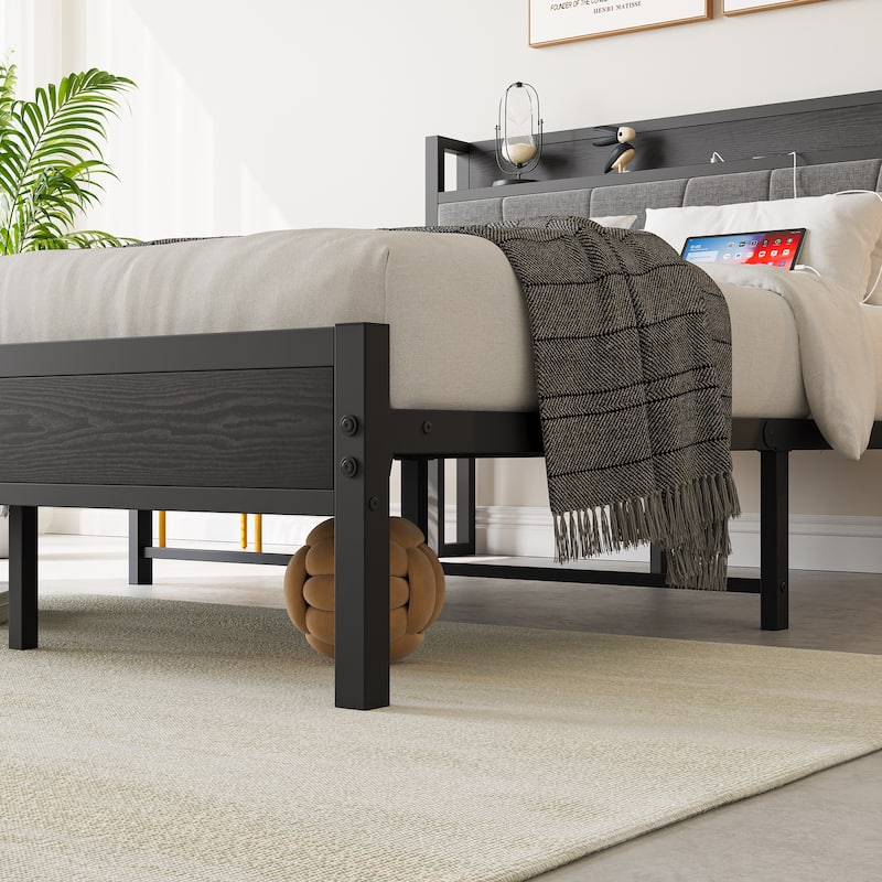 Solid Stable Twin Size Black Bed Frame, Storage Headboard w/ Charging Station, Easy Assembly