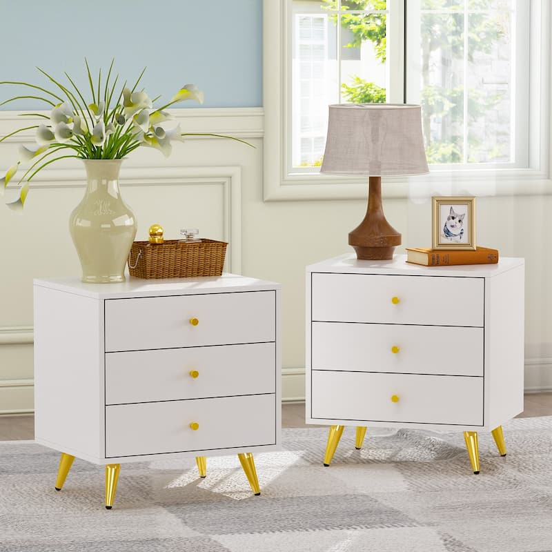White Nightstands Bedside Table End Table Gold Metal Legs（1 Pcs）